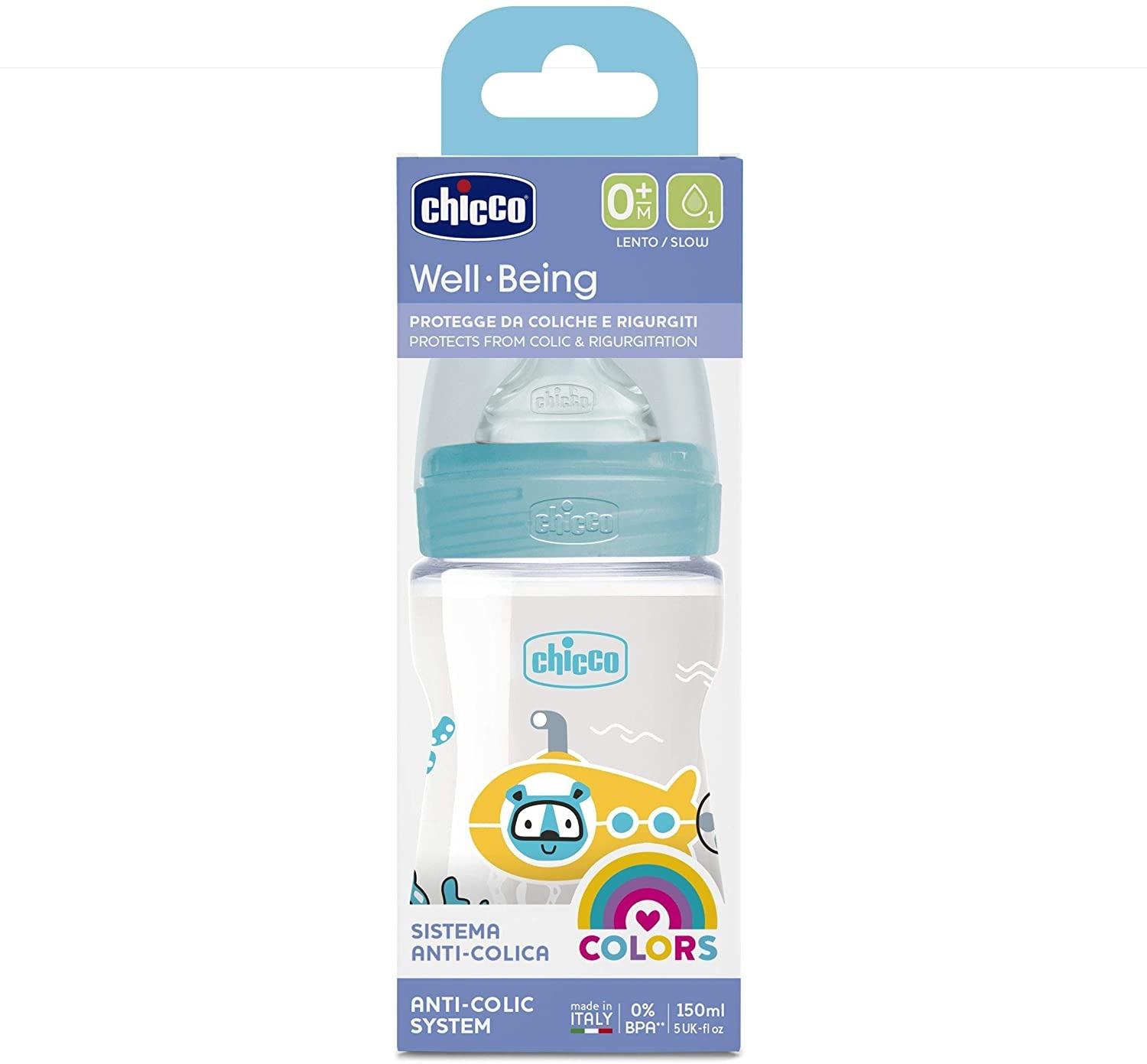 Chicco 150ml Of Anti-Colic Baby Milk Feeding Bottle with Wide Neck For  0m+(Blue)